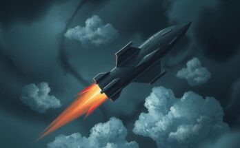 A missile against a stormy sky, captured in a dramatic sci-fi illustration.