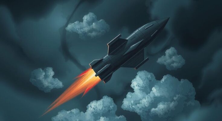 A missile against a stormy sky, captured in a dramatic sci-fi illustration.