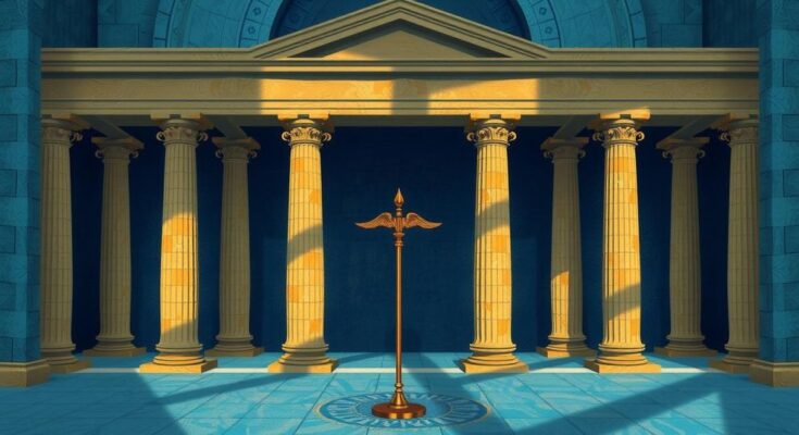 Negotiation scene in Rome with abstract representation of diplomacy and tension between nations.