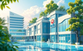 A symbolic representation of healthcare progress with modern medical facilities in vibrant colors, showcasing hope for transformation.