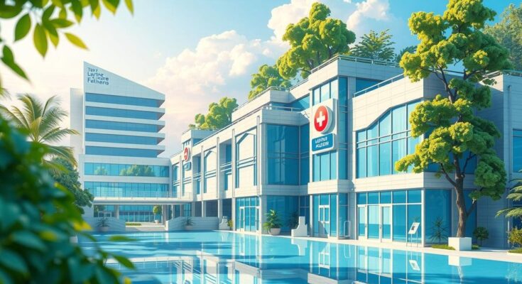 A symbolic representation of healthcare progress with modern medical facilities in vibrant colors, showcasing hope for transformation.