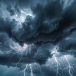 Severe thunderstorm clouds gathering ominously in a stormy sky with dark shades and vibrant lightning strikes.