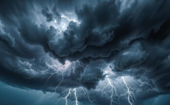 Severe thunderstorm clouds gathering ominously in a stormy sky with dark shades and vibrant lightning strikes.