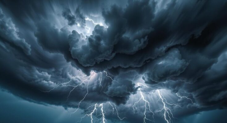 Severe thunderstorm clouds gathering ominously in a stormy sky with dark shades and vibrant lightning strikes.