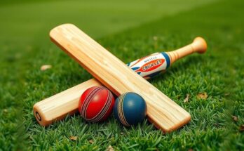 Two cricket bats crossed over a ball on a green field, representing Pakistan vs Bangladesh T20I series.
