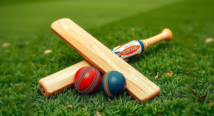 Two cricket bats crossed over a ball on a green field, representing Pakistan vs Bangladesh T20I series.