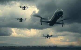 A tense landscape representing India-Pakistan relations with drones soaring in a gray sky, highlighting conflict and military tension.