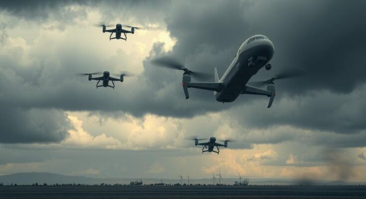 A tense landscape representing India-Pakistan relations with drones soaring in a gray sky, highlighting conflict and military tension.