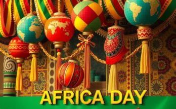 Ceremony honoring Africa Day with vibrant decorations and elements representing unity and cultural diversity in Cuba.