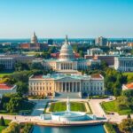 A vibrant landscape of Washington, D.C. with iconic monuments, showcasing diplomatic ties and investment discussions.