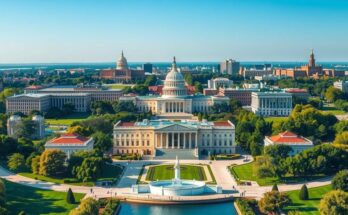 A vibrant landscape of Washington, D.C. with iconic monuments, showcasing diplomatic ties and investment discussions.