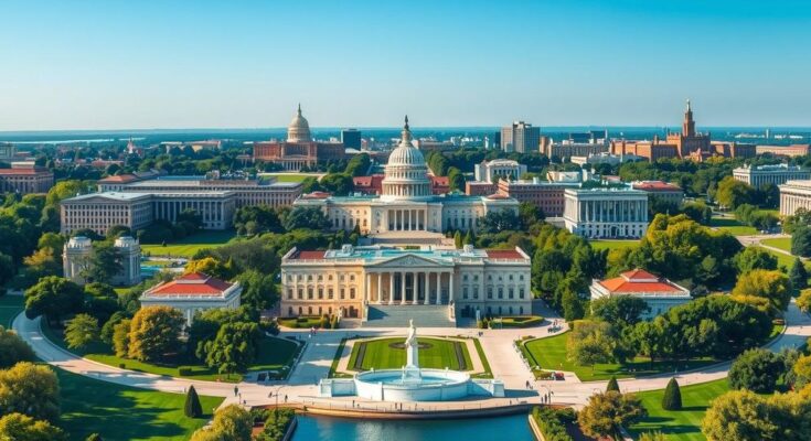 A vibrant landscape of Washington, D.C. with iconic monuments, showcasing diplomatic ties and investment discussions.