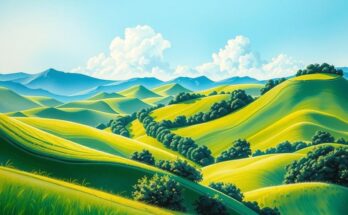 A serene landscape depicting climate change efforts, with green hills and a clear sky, showcasing nature's beauty.