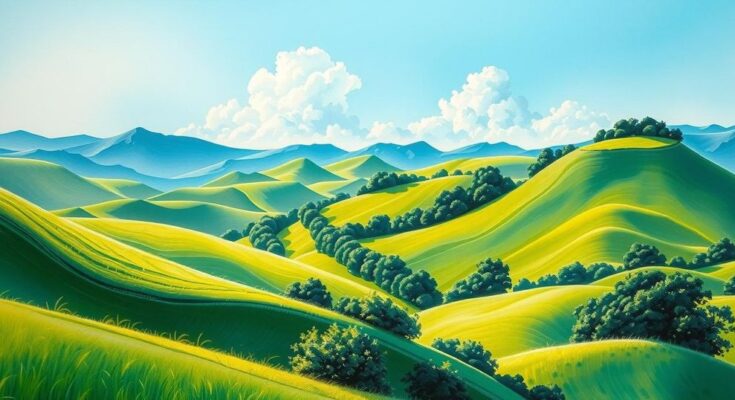 A serene landscape depicting climate change efforts, with green hills and a clear sky, showcasing nature's beauty.