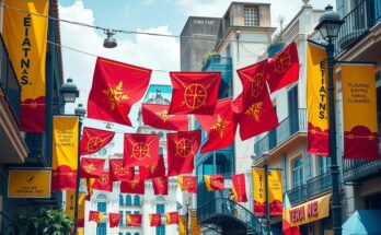 Scene of Buenos Aires celebrating electoral support with colorful banners and festive decorations in vibrant urban setting.