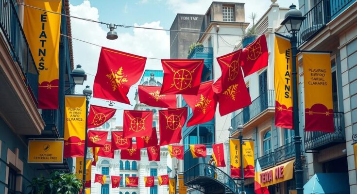 Scene of Buenos Aires celebrating electoral support with colorful banners and festive decorations in vibrant urban setting.