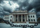 A tense political scene depicting a court building in Bolivia with symbolic elements of democracy and justice.