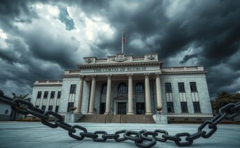 A tense political scene depicting a court building in Bolivia with symbolic elements of democracy and justice.