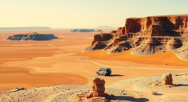 Desert landscape of Namibia's Otavi region with copper and gold minerals in focus, showcasing mining exploration activities.