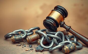 Symbolic representation of political challenges in Mali with a gavel and chains, using a muted earth tone palette.
