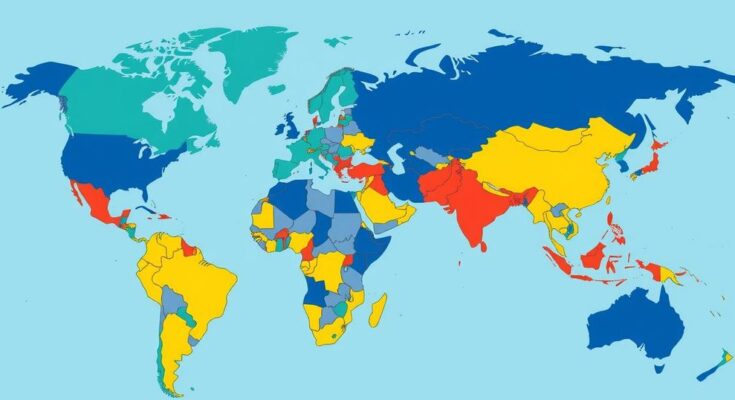 Political map showcasing nations led by leaders of Indian descent, vibrant colors enriching the geographic landscape.