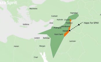 A geopolitical map depicting a conceptual peace plan for Gaza, with symbolic freedom zone areas highlighted in green.