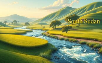 A peaceful South Sudan landscape with flowing rivers and green fields, symbolizing hope amidst conflict.
