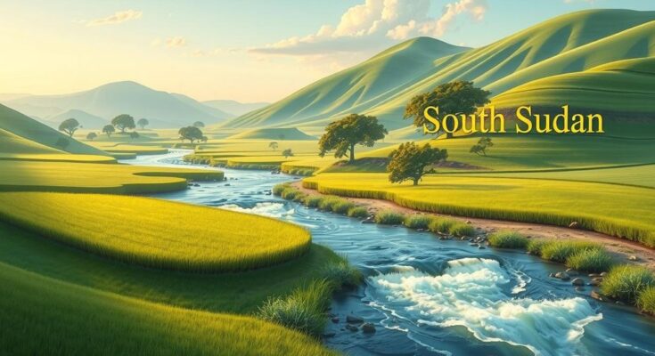 A peaceful South Sudan landscape with flowing rivers and green fields, symbolizing hope amidst conflict.