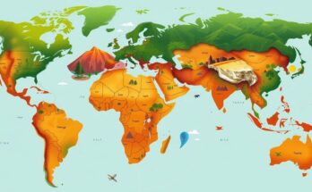 A vibrant map highlighting the Global South with scenes of nature and culture, using warm colors and lush greens.