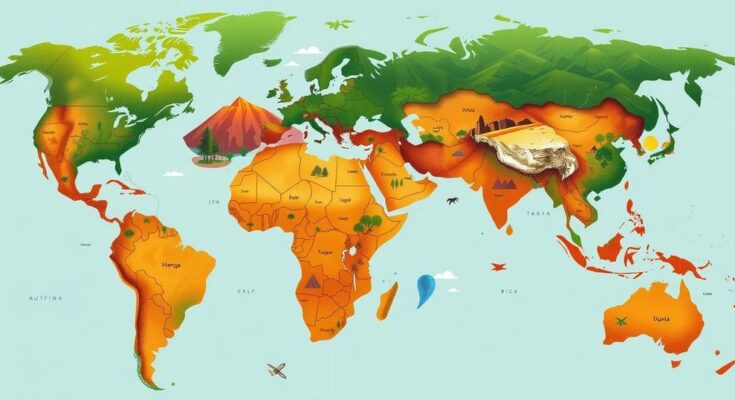 A vibrant map highlighting the Global South with scenes of nature and culture, using warm colors and lush greens.