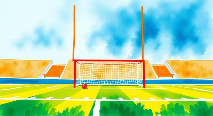 Vibrant watercolor depiction of a football field during a sunny day, showcasing the spirit of a football congress.