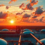 Oil field landscape with sunset, showcasing tanks and industrial structures under warm, vibrant hues.