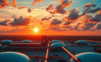 Oil field landscape with sunset, showcasing tanks and industrial structures under warm, vibrant hues.