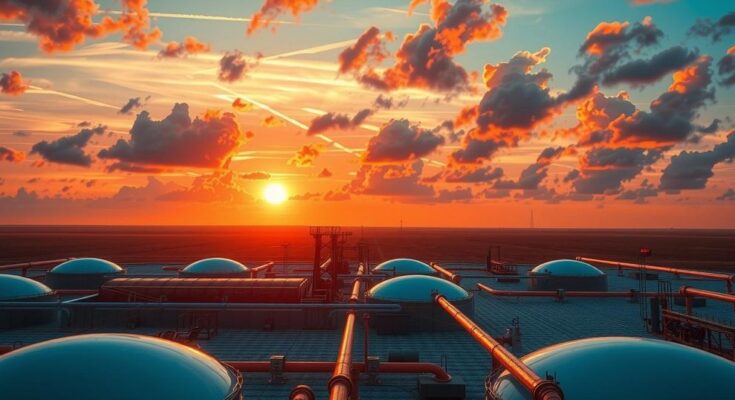 Oil field landscape with sunset, showcasing tanks and industrial structures under warm, vibrant hues.