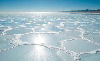A vibrant salt flat landscape with intricate patterns, showcasing shimmering brine pools under a blue sky, reflecting the importance of lithium.