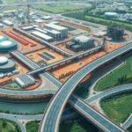 Aerial view of a modern infrastructure project, showcasing roads and bridges under construction with green and blue tones.