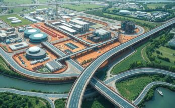 Aerial view of a modern infrastructure project, showcasing roads and bridges under construction with green and blue tones.