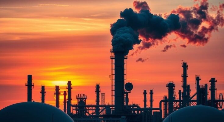 A large oil refinery with smoke billowing into the sky against a sunset background, representing halted production.