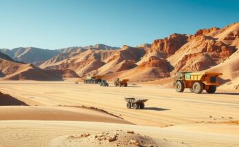 A panoramic view of Sukari Gold Mine with expansive sand dunes and mining equipment under a bright blue sky.