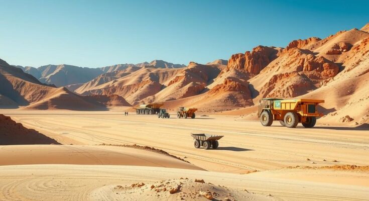 A panoramic view of Sukari Gold Mine with expansive sand dunes and mining equipment under a bright blue sky.