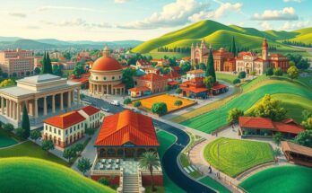 A vibrant landscape representing the contrasting cultures of Uruguay, featuring urban and rural elements blended harmoniously.