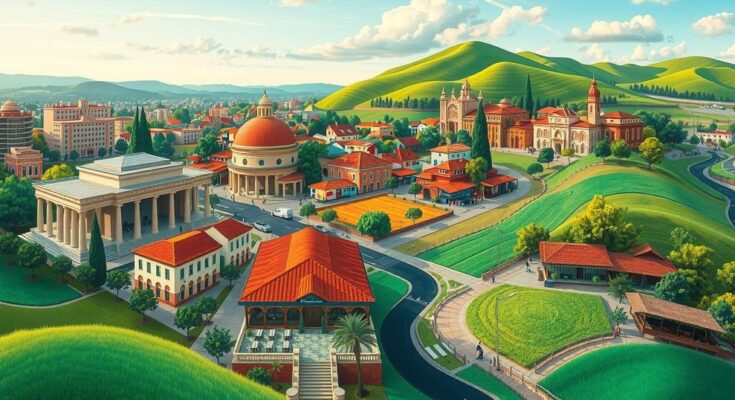 A vibrant landscape representing the contrasting cultures of Uruguay, featuring urban and rural elements blended harmoniously.
