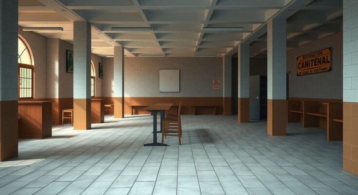 Venezuelan election scene with empty polling stations and subtle colors expressing low voter turnout.