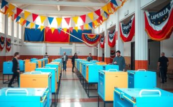 A bird's-eye view of a polling station in Portugal, with voting boxes and colorful banners, representing election day.