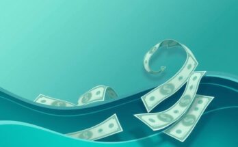 A symbolic depiction of bank liquidity challenges with a flow of currency in a minimalist style, using cool colors.