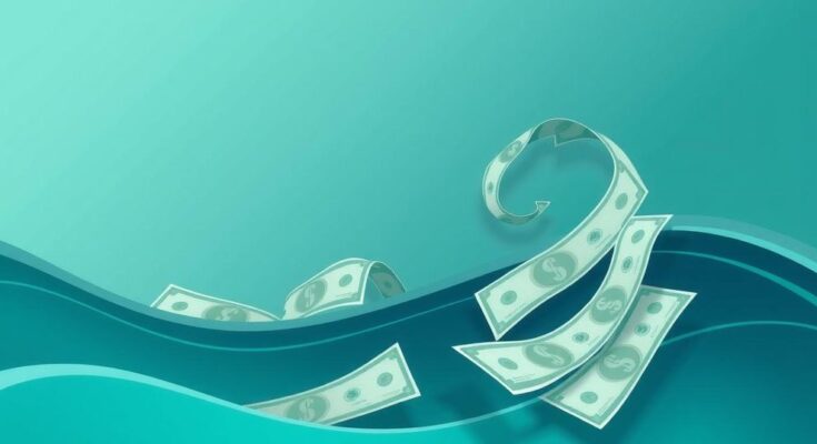 A symbolic depiction of bank liquidity challenges with a flow of currency in a minimalist style, using cool colors.