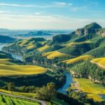 A detailed illustration of Latin American landscapes highlighting Argentina, Brazil, and Paraguay with soft colors.