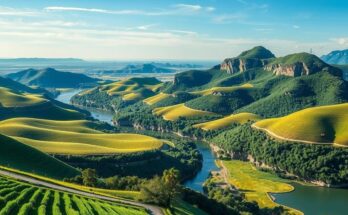 A detailed illustration of Latin American landscapes highlighting Argentina, Brazil, and Paraguay with soft colors.