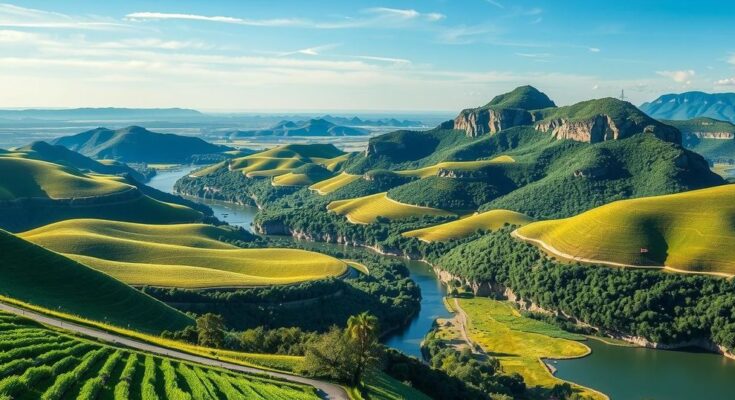 A detailed illustration of Latin American landscapes highlighting Argentina, Brazil, and Paraguay with soft colors.