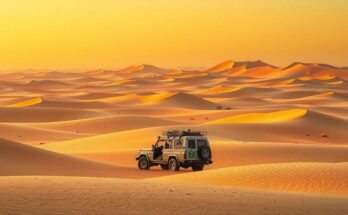 A barren desert landscape with a broken-down vehicle amidst sand dunes, portraying migration struggles and hardship.